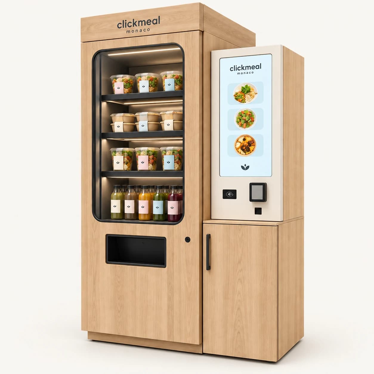 Distributeur ClickMeal en bois clair avec grande vitrine et borne latérale